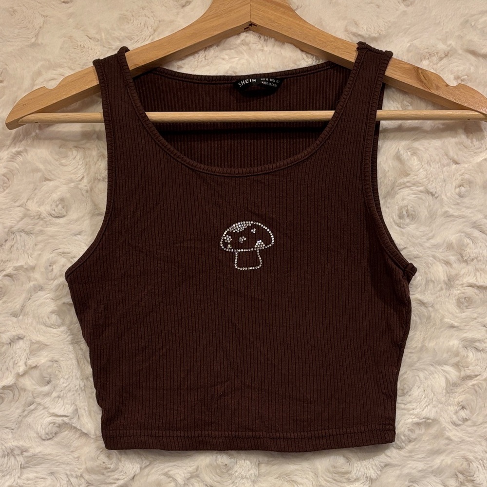 SHEIN Brown Ribbed Tank Top with Rhinestone Mushroom Design